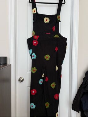 Cider Black Corduroy Floral Appliqué Overalls